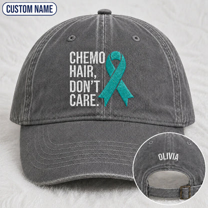 Personalized Chemo Hair Don'T Care V2 Teal Ribbon Embroidered Washed Cap
