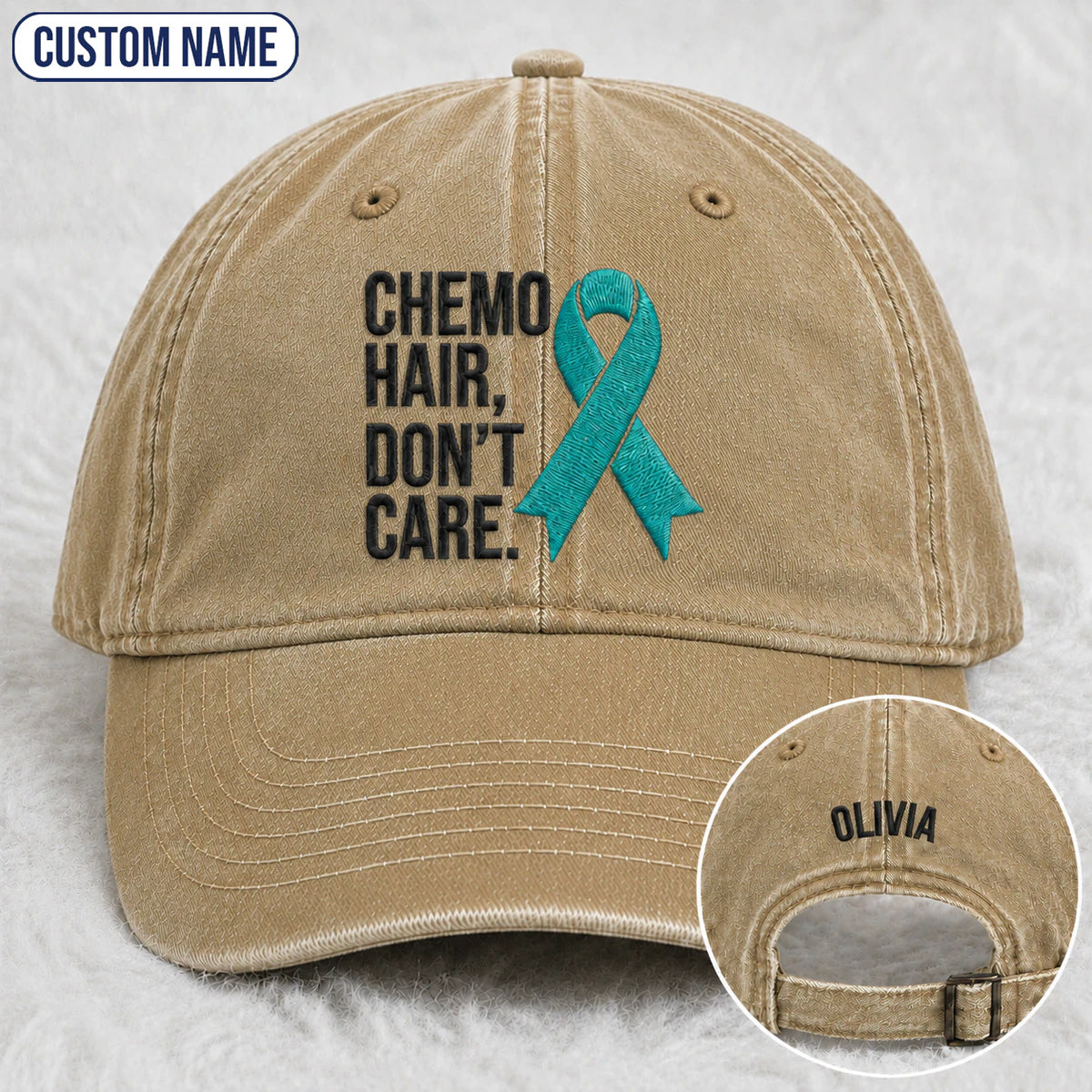 Personalized Chemo Hair Don'T Care V2 Teal Ribbon Embroidered Washed Cap