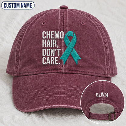 Personalized Chemo Hair Don'T Care V2 Teal Ribbon Embroidered Washed Cap