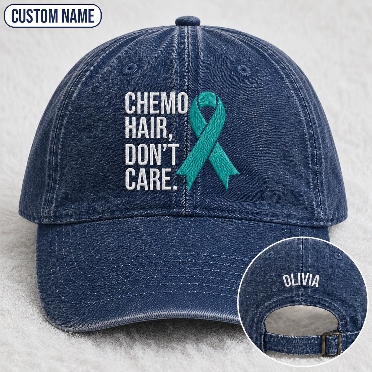 Personalized Chemo Hair Don'T Care V2 Teal Ribbon Embroidered Washed Cap