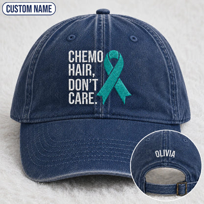 Personalized Chemo Hair Don'T Care V2 Teal Ribbon Embroidered Washed Cap