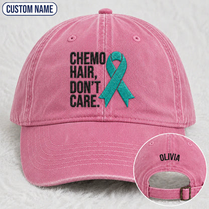 Personalized Chemo Hair Don'T Care V2 Teal Ribbon Embroidered Washed Cap
