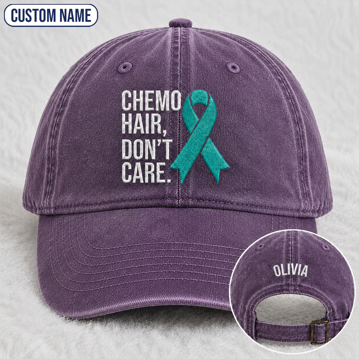 Personalized Chemo Hair Don'T Care V2 Teal Ribbon Embroidered Washed Cap