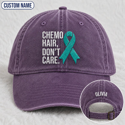 Personalized Chemo Hair Don'T Care V2 Teal Ribbon Embroidered Washed Cap