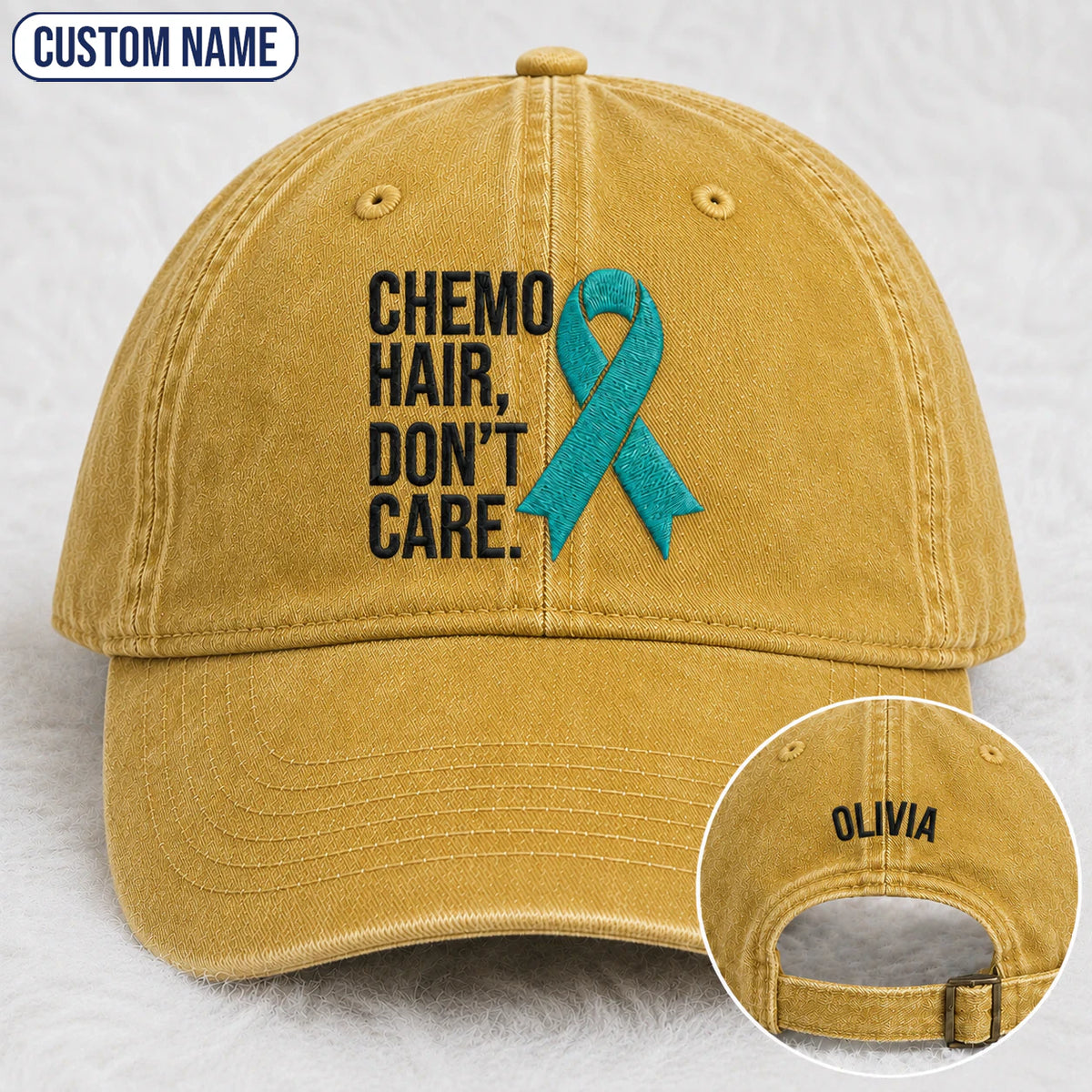 Personalized Chemo Hair Don'T Care V2 Teal Ribbon Embroidered Washed Cap