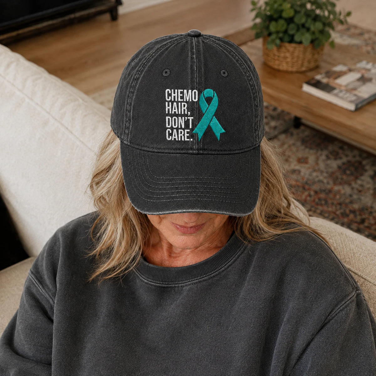 Personalized Chemo Hair Don'T Care V2 Teal Ribbon Embroidered Washed Cap