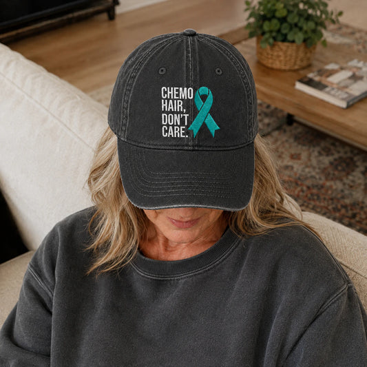 Personalized Chemo Hair Don'T Care V2 Teal Ribbon Embroidered Washed Cap