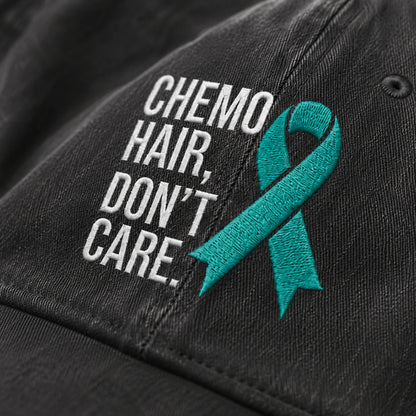 Personalized Chemo Hair Don'T Care V2 Teal Ribbon Embroidered Washed Cap