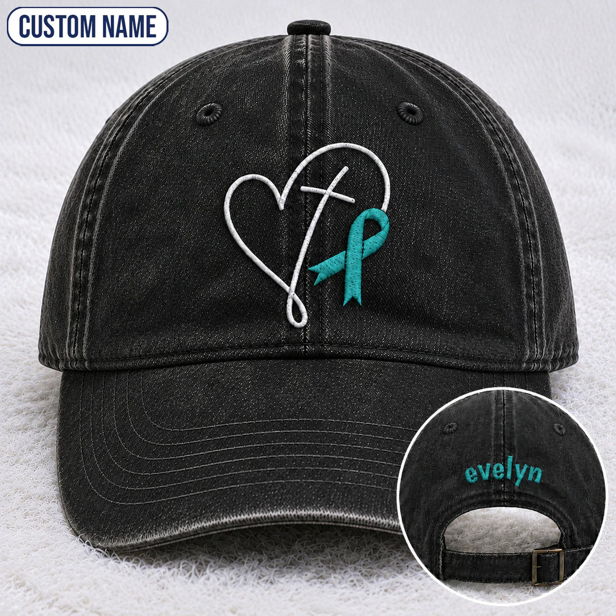 Personalized Faith Cross Heart Ribbon Teal Ribbon Embroidered Washed Cap