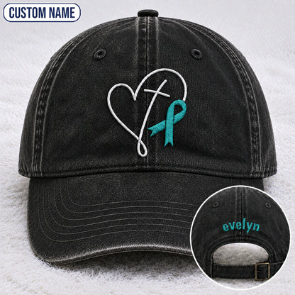 Personalized Faith Cross Heart Ribbon Teal Ribbon Embroidered Washed Cap