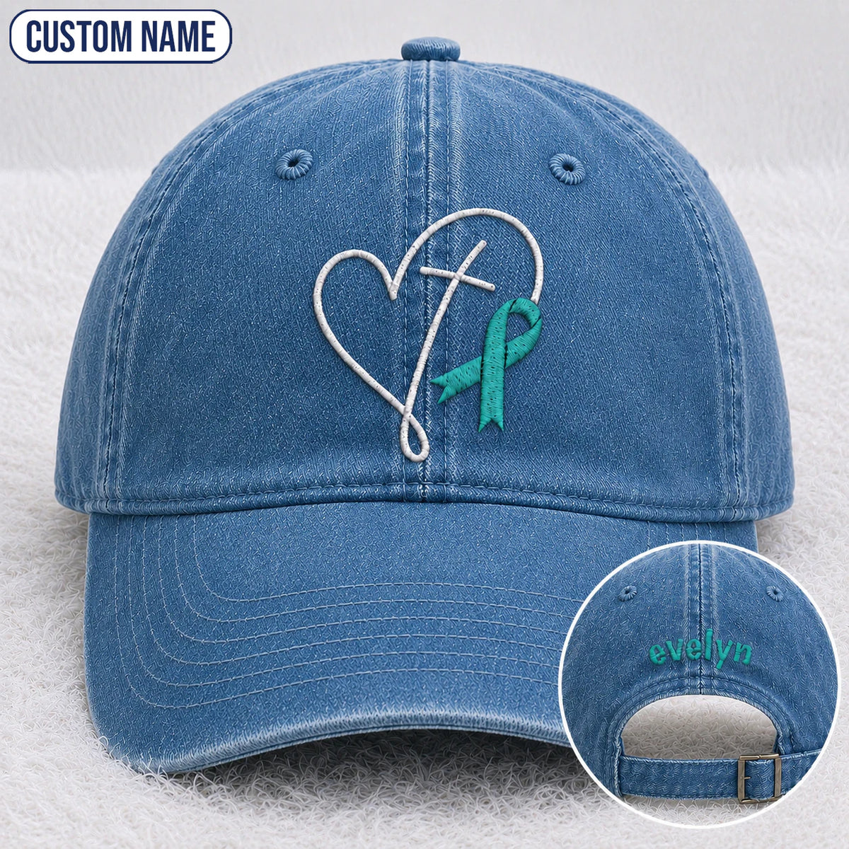 Personalized Faith Cross Heart Ribbon Teal Ribbon Embroidered Washed Cap