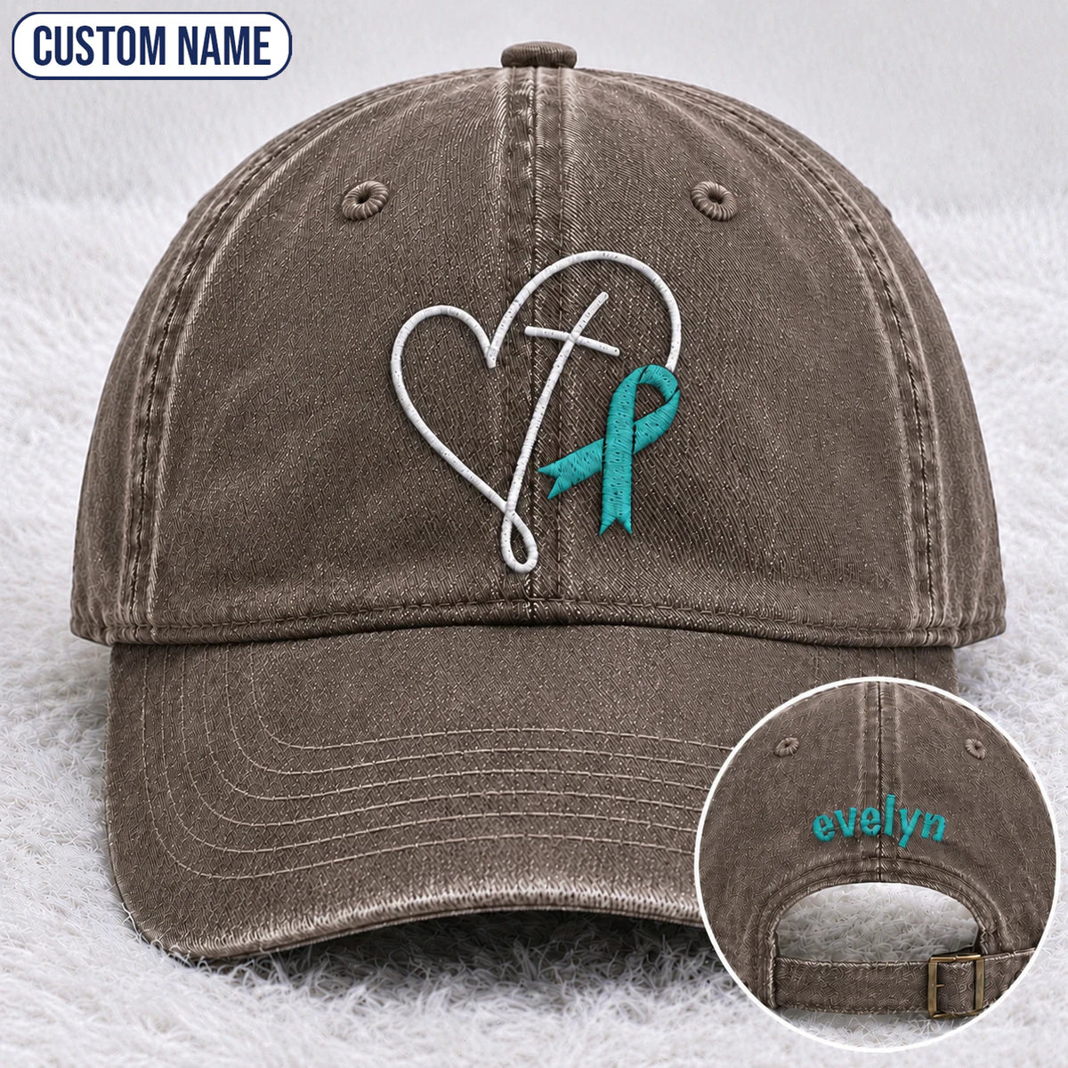 Personalized Faith Cross Heart Ribbon Teal Ribbon Embroidered Washed Cap