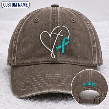 Personalized Faith Cross Heart Ribbon Teal Ribbon Embroidered Washed Cap