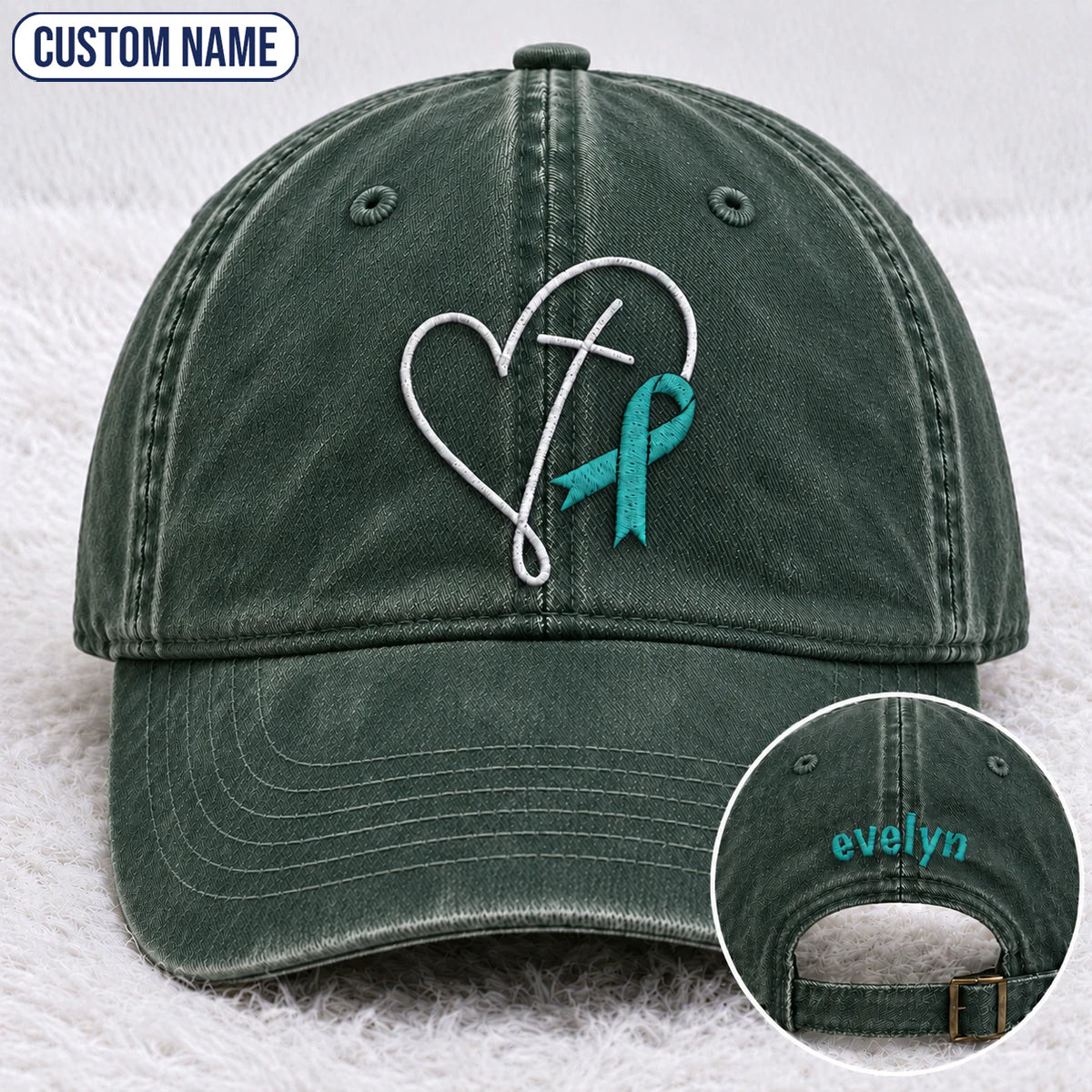 Personalized Faith Cross Heart Ribbon Teal Ribbon Embroidered Washed Cap
