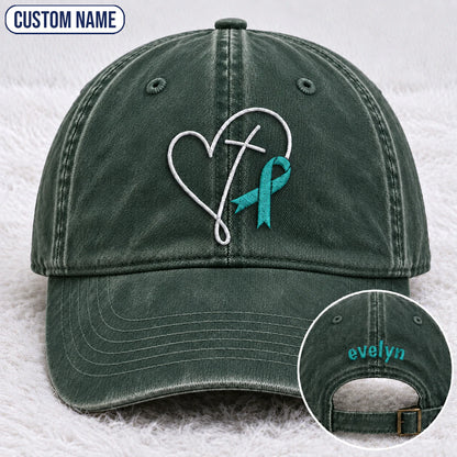 Personalized Faith Cross Heart Ribbon Teal Ribbon Embroidered Washed Cap