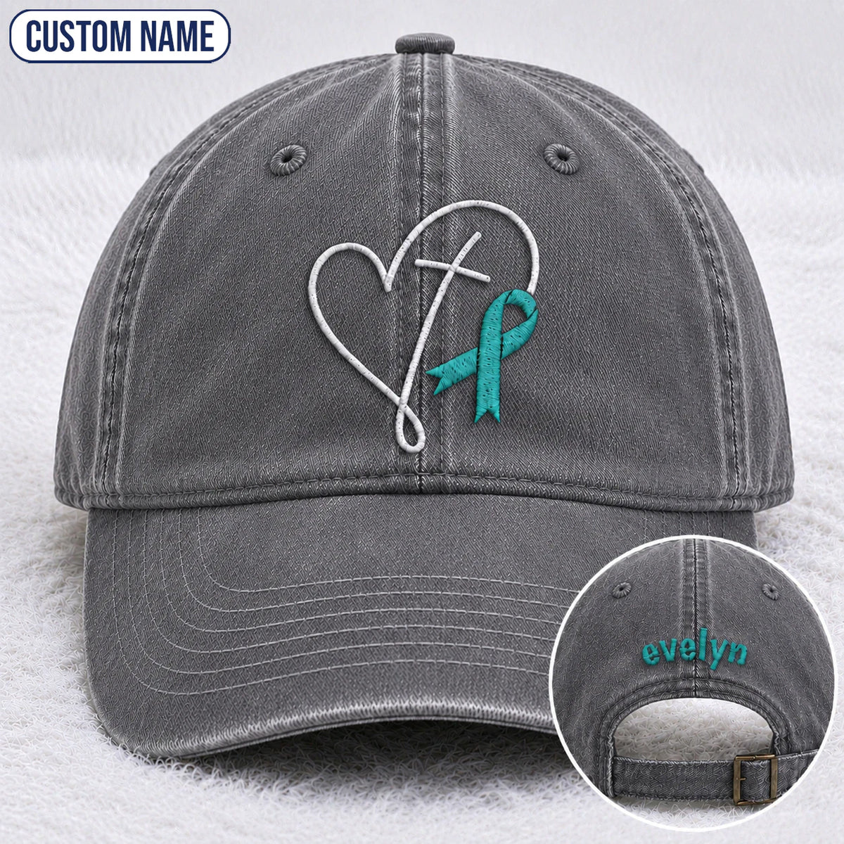 Personalized Faith Cross Heart Ribbon Teal Ribbon Embroidered Washed Cap
