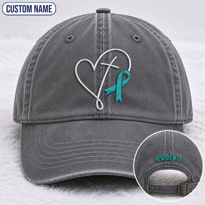 Personalized Faith Cross Heart Ribbon Teal Ribbon Embroidered Washed Cap