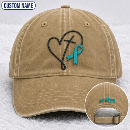 Personalized Faith Cross Heart Ribbon Teal Ribbon Embroidered Washed Cap