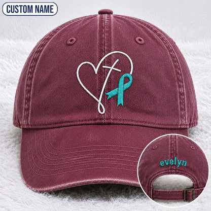 Personalized Faith Cross Heart Ribbon Teal Ribbon Embroidered Washed Cap