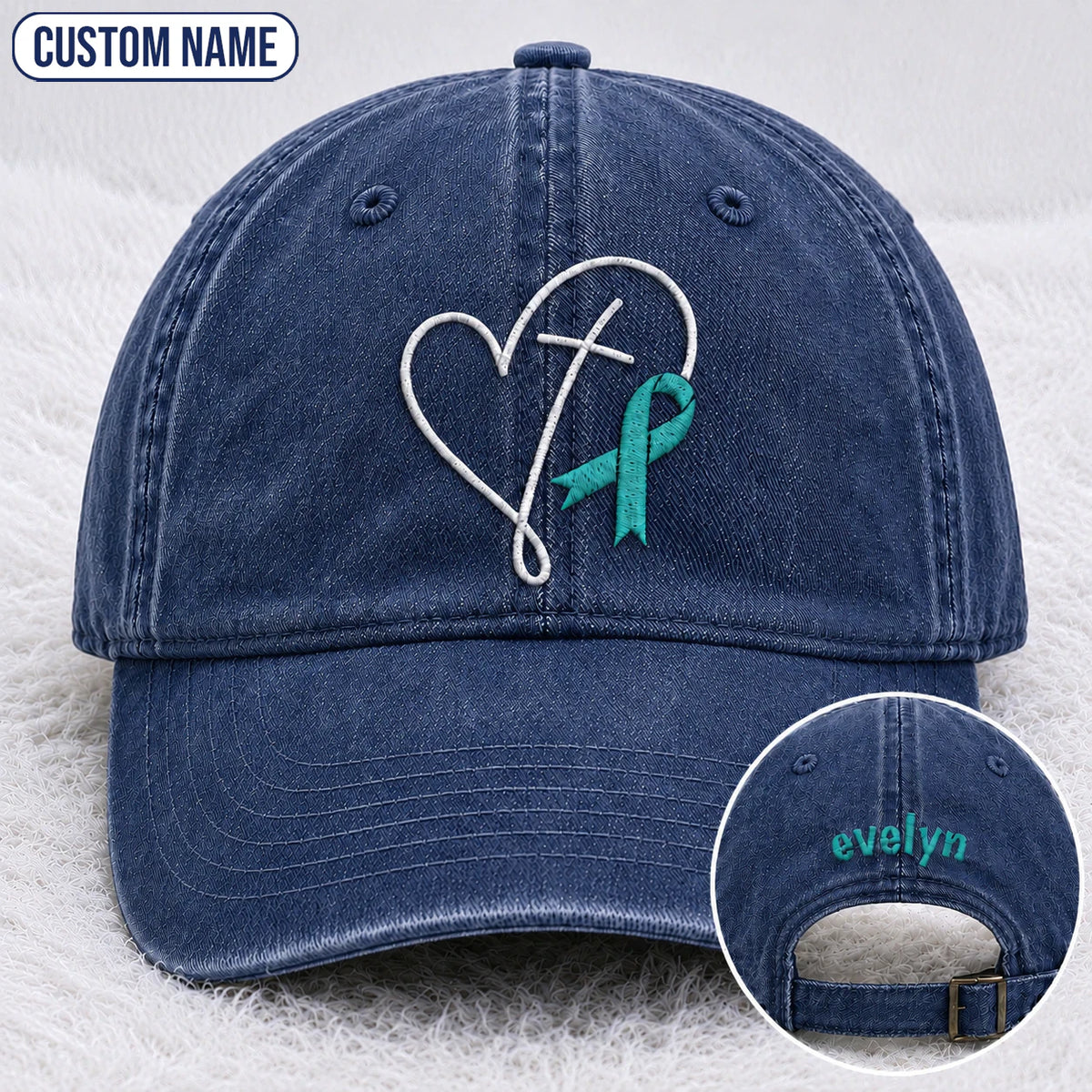 Personalized Faith Cross Heart Ribbon Teal Ribbon Embroidered Washed Cap