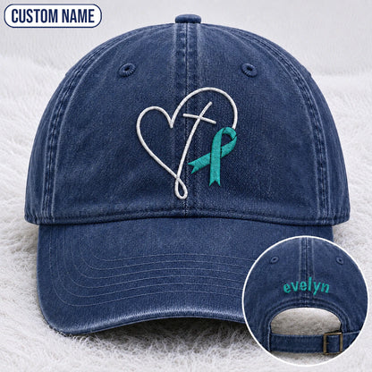 Personalized Faith Cross Heart Ribbon Teal Ribbon Embroidered Washed Cap