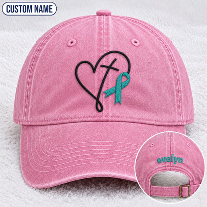 Personalized Faith Cross Heart Ribbon Teal Ribbon Embroidered Washed Cap