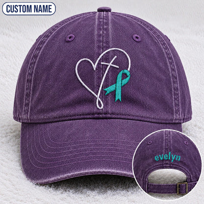 Personalized Faith Cross Heart Ribbon Teal Ribbon Embroidered Washed Cap