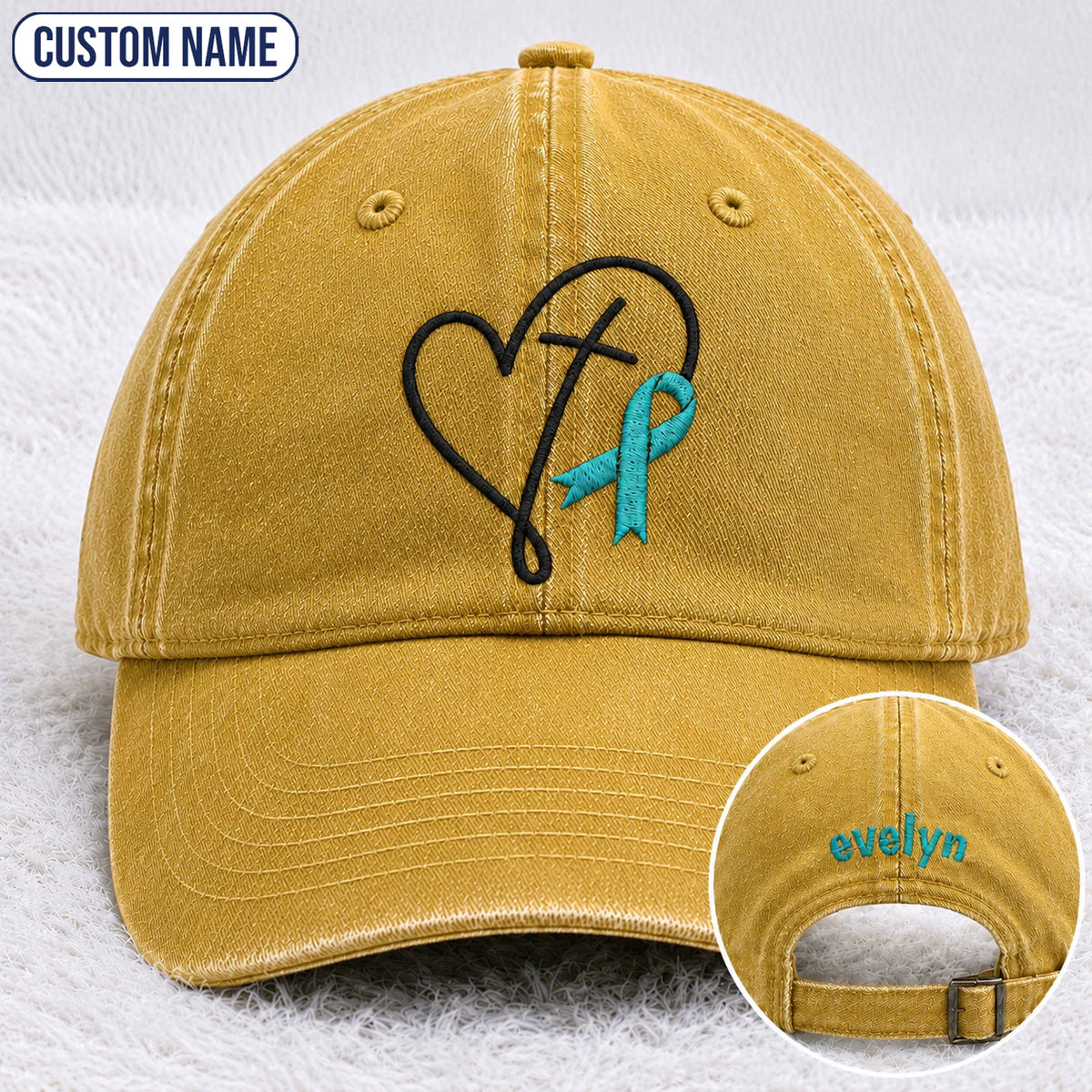 Personalized Faith Cross Heart Ribbon Teal Ribbon Embroidered Washed Cap