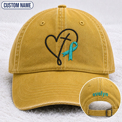 Personalized Faith Cross Heart Ribbon Teal Ribbon Embroidered Washed Cap