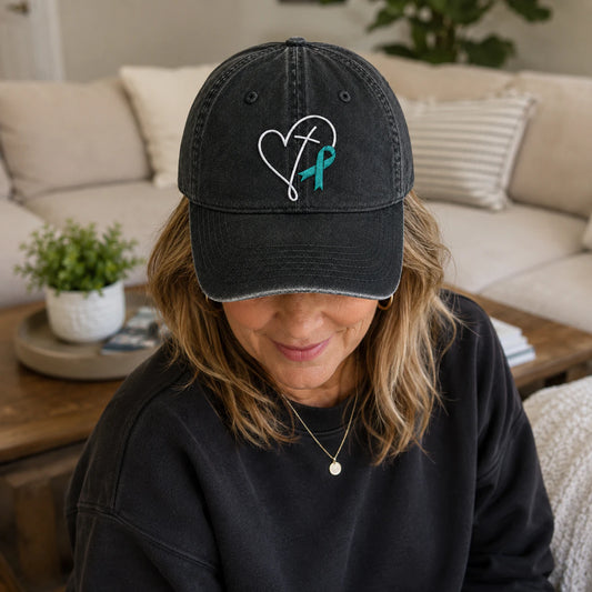 Personalized Faith Cross Heart Ribbon Teal Ribbon Embroidered Washed Cap