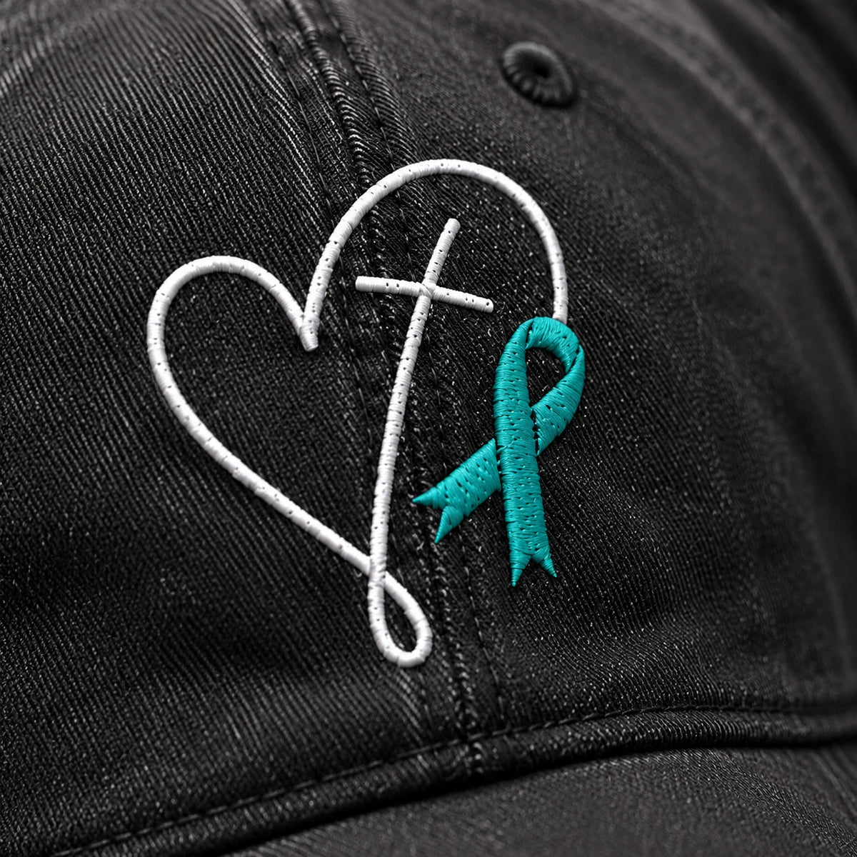 Personalized Faith Cross Heart Ribbon Teal Ribbon Embroidered Washed Cap