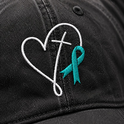 Personalized Faith Cross Heart Ribbon Teal Ribbon Embroidered Washed Cap