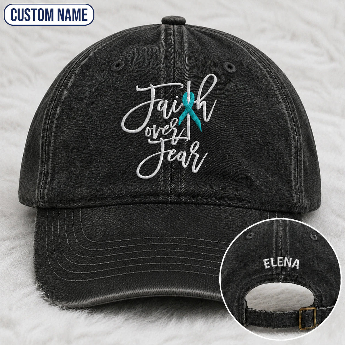 Personalized Faith Over Fear Teal Ribbon Embroidered Washed Cap