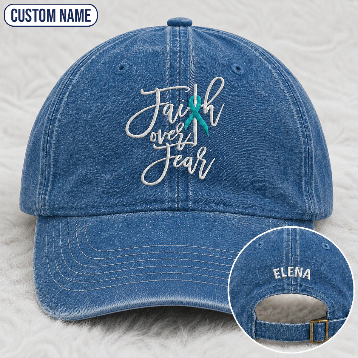 Personalized Faith Over Fear Teal Ribbon Embroidered Washed Cap