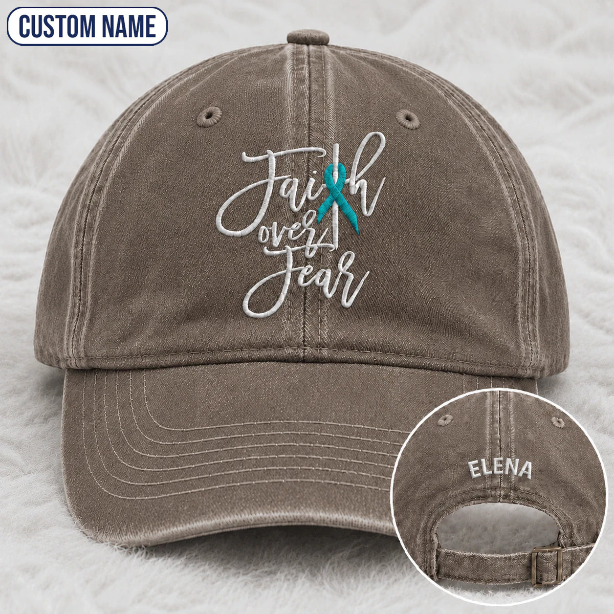 Personalized Faith Over Fear Teal Ribbon Embroidered Washed Cap