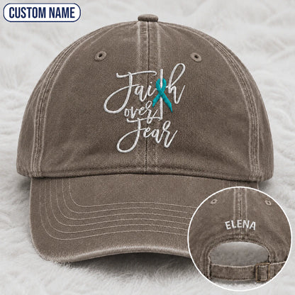 Personalized Faith Over Fear Teal Ribbon Embroidered Washed Cap