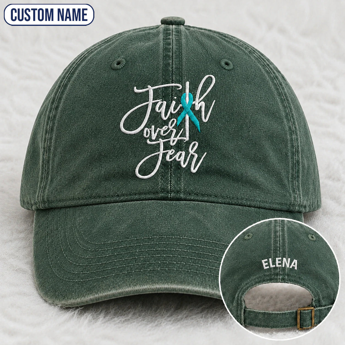 Personalized Faith Over Fear Teal Ribbon Embroidered Washed Cap