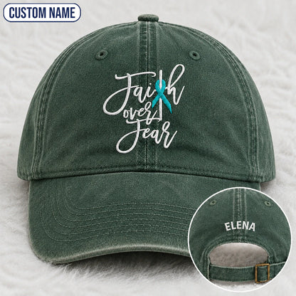 Personalized Faith Over Fear Teal Ribbon Embroidered Washed Cap