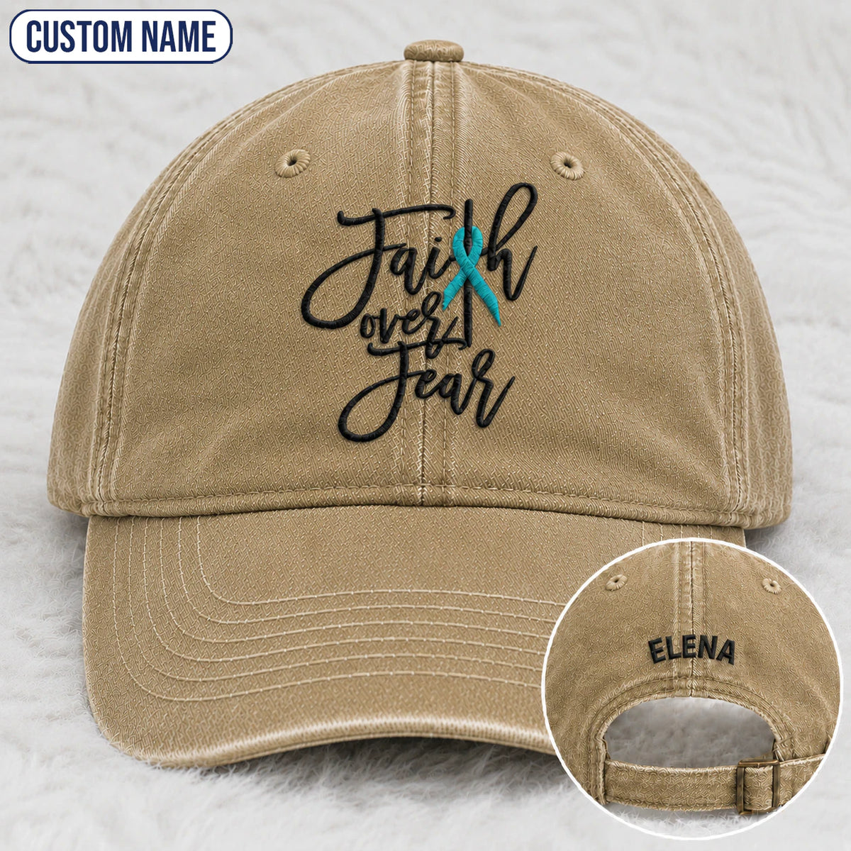 Personalized Faith Over Fear Teal Ribbon Embroidered Washed Cap
