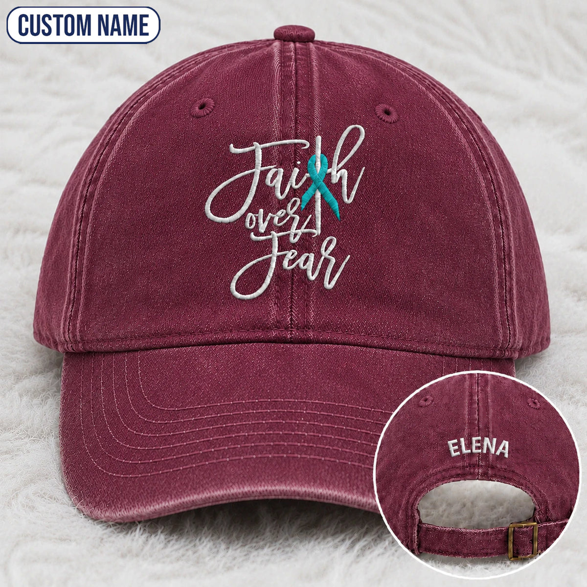Personalized Faith Over Fear Teal Ribbon Embroidered Washed Cap