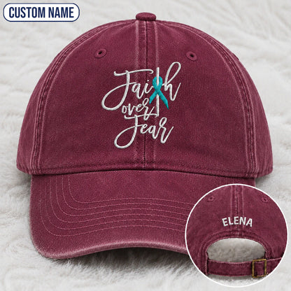 Personalized Faith Over Fear Teal Ribbon Embroidered Washed Cap