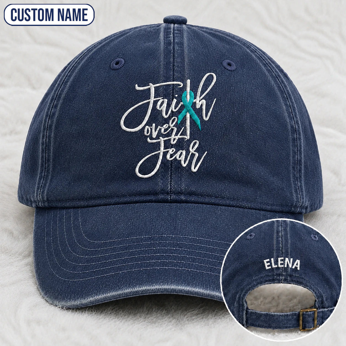 Personalized Faith Over Fear Teal Ribbon Embroidered Washed Cap