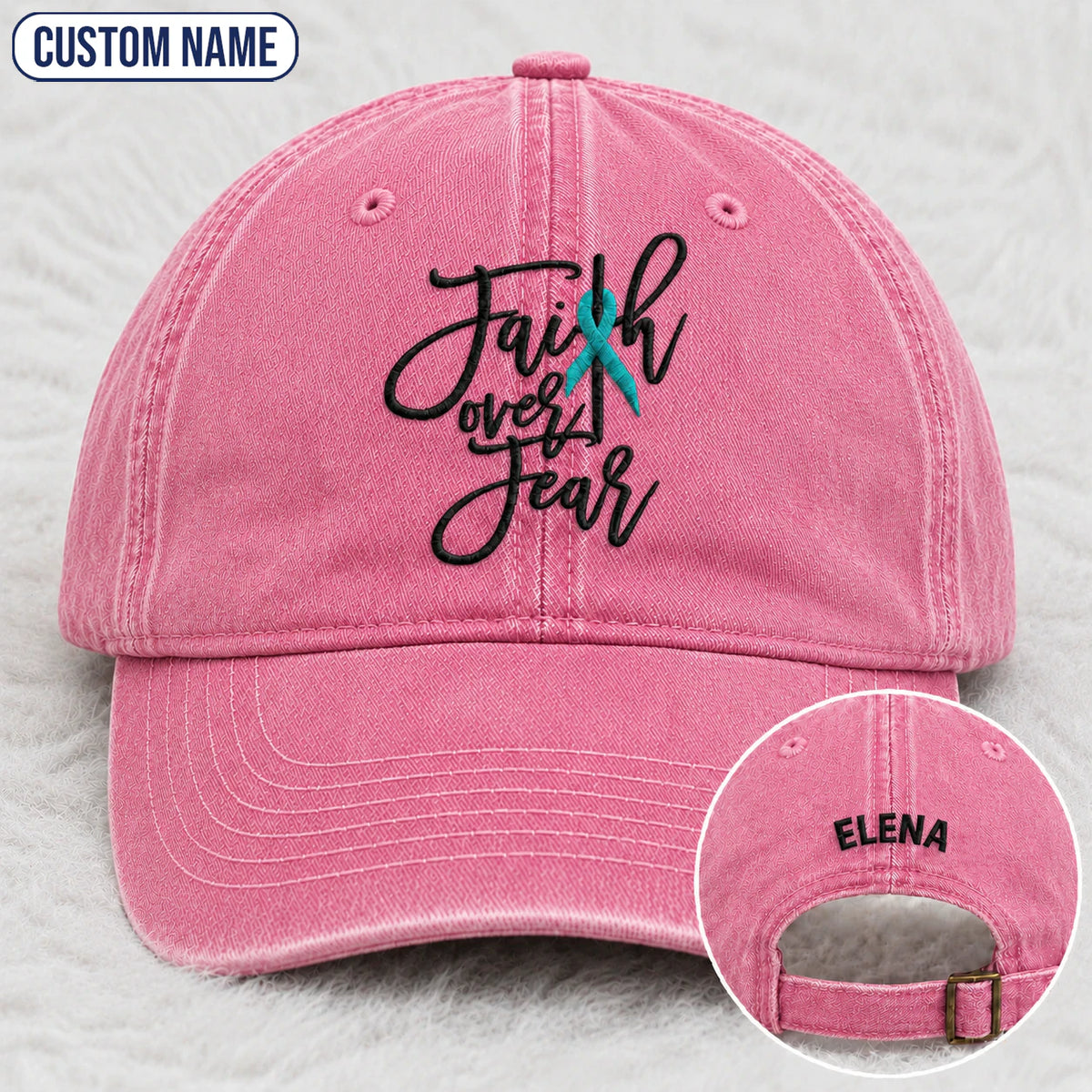 Personalized Faith Over Fear Teal Ribbon Embroidered Washed Cap