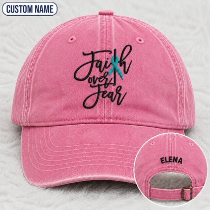 Personalized Faith Over Fear Teal Ribbon Embroidered Washed Cap