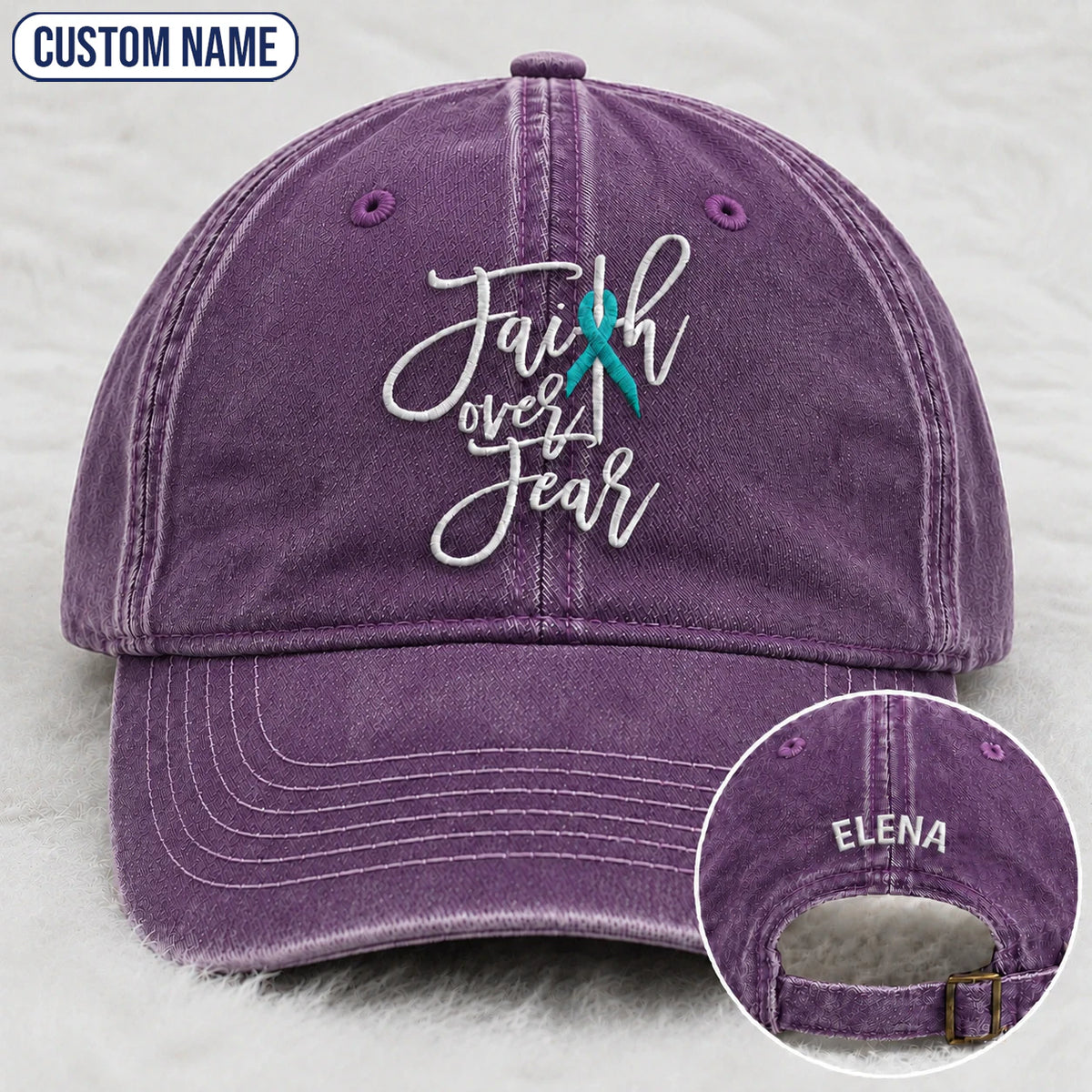 Personalized Faith Over Fear Teal Ribbon Embroidered Washed Cap