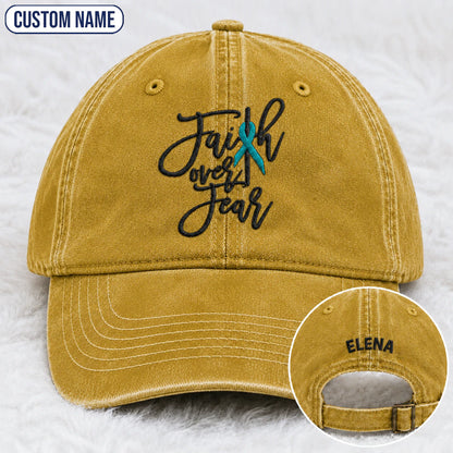 Personalized Faith Over Fear Teal Ribbon Embroidered Washed Cap