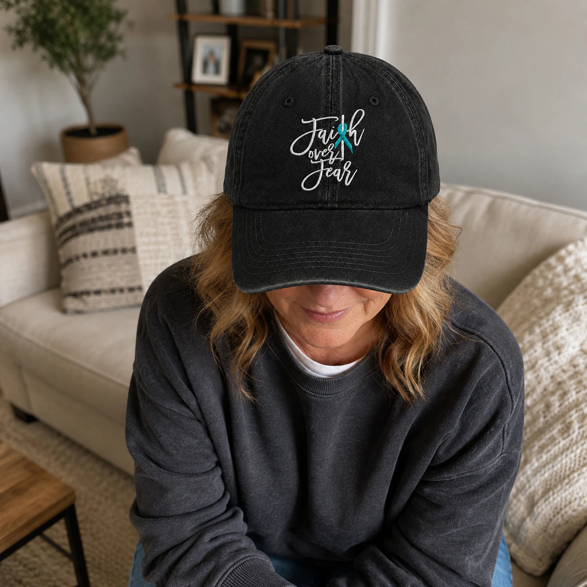 Personalized Faith Over Fear Teal Ribbon Embroidered Washed Cap