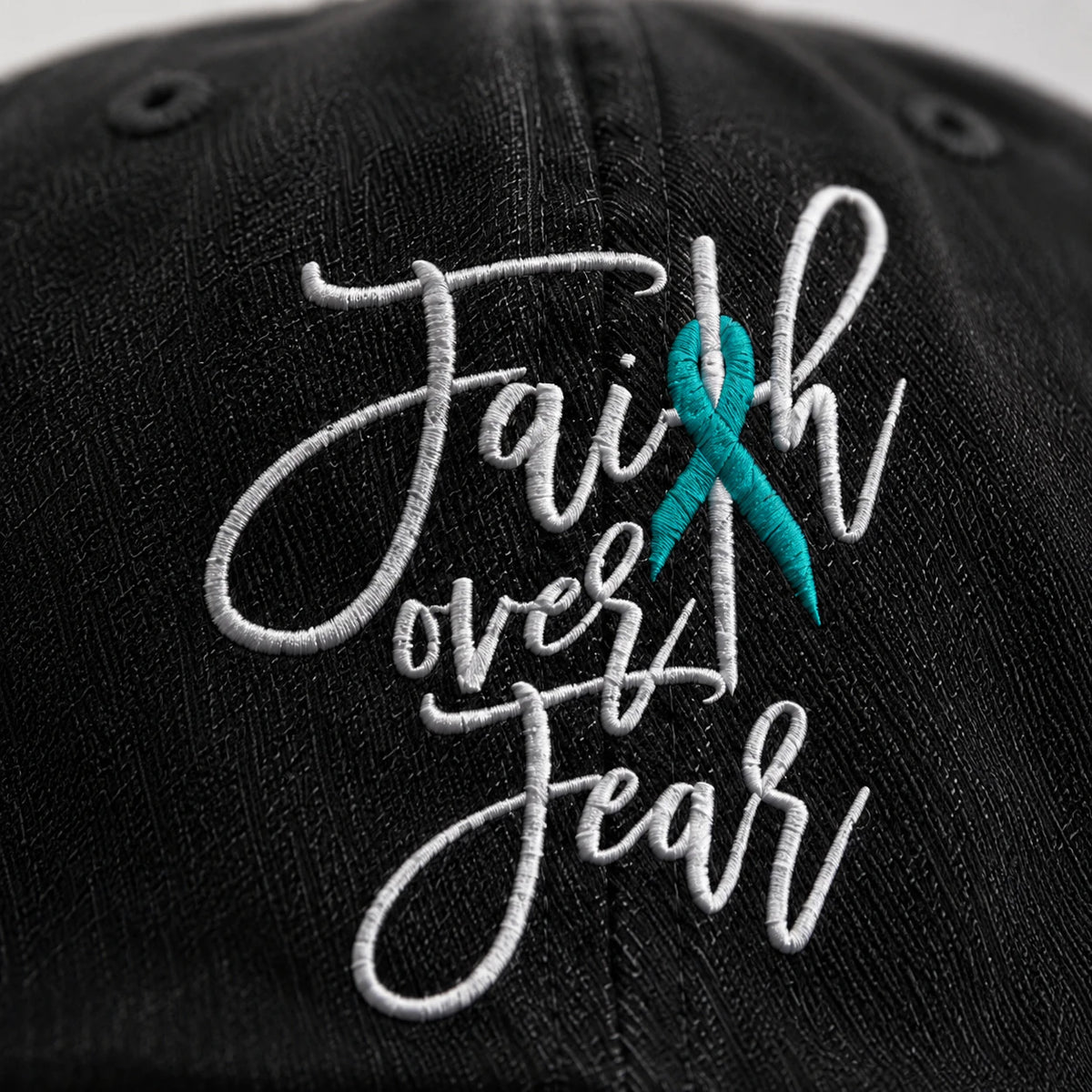 Personalized Faith Over Fear Teal Ribbon Embroidered Washed Cap