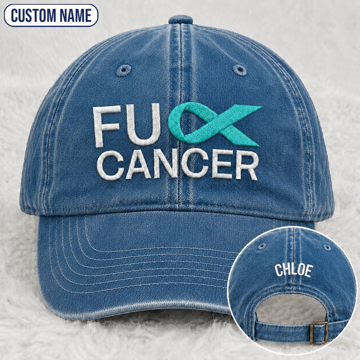 Personalized Fc Ribbon Teal Ribbon Embroidered Washed Cap
