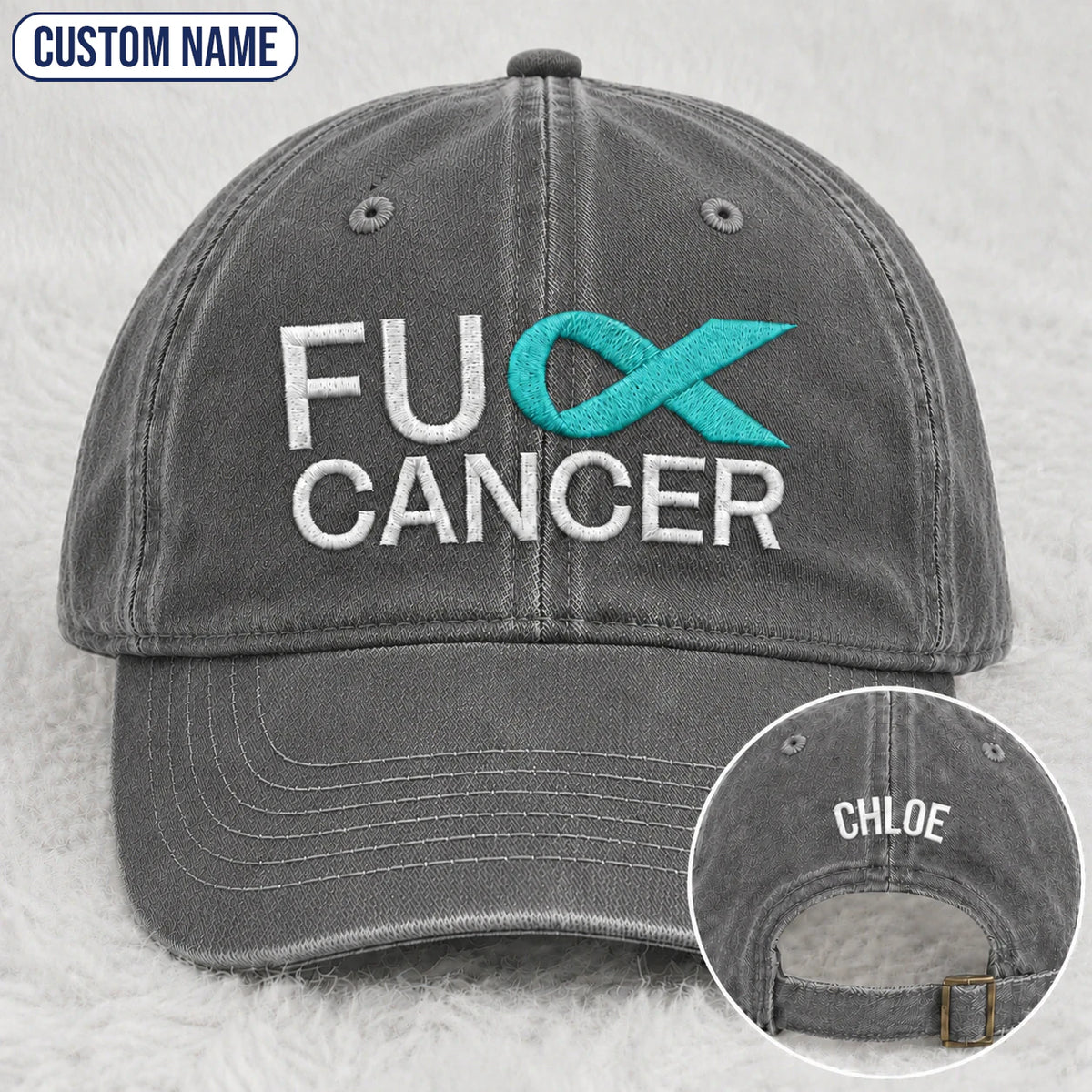 Personalized Fc Ribbon Teal Ribbon Embroidered Washed Cap